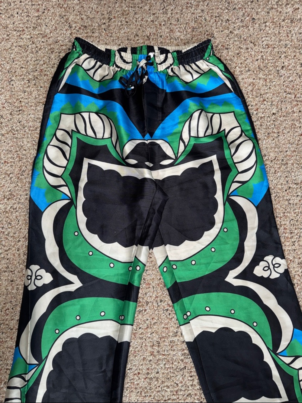 MICAS Bold Graphic Wide-Leg Silk Pants in Black, Green & Blue - Picture 3 of 7